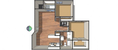 Floor plan for 2 beds, 1 bath, 859 sqft